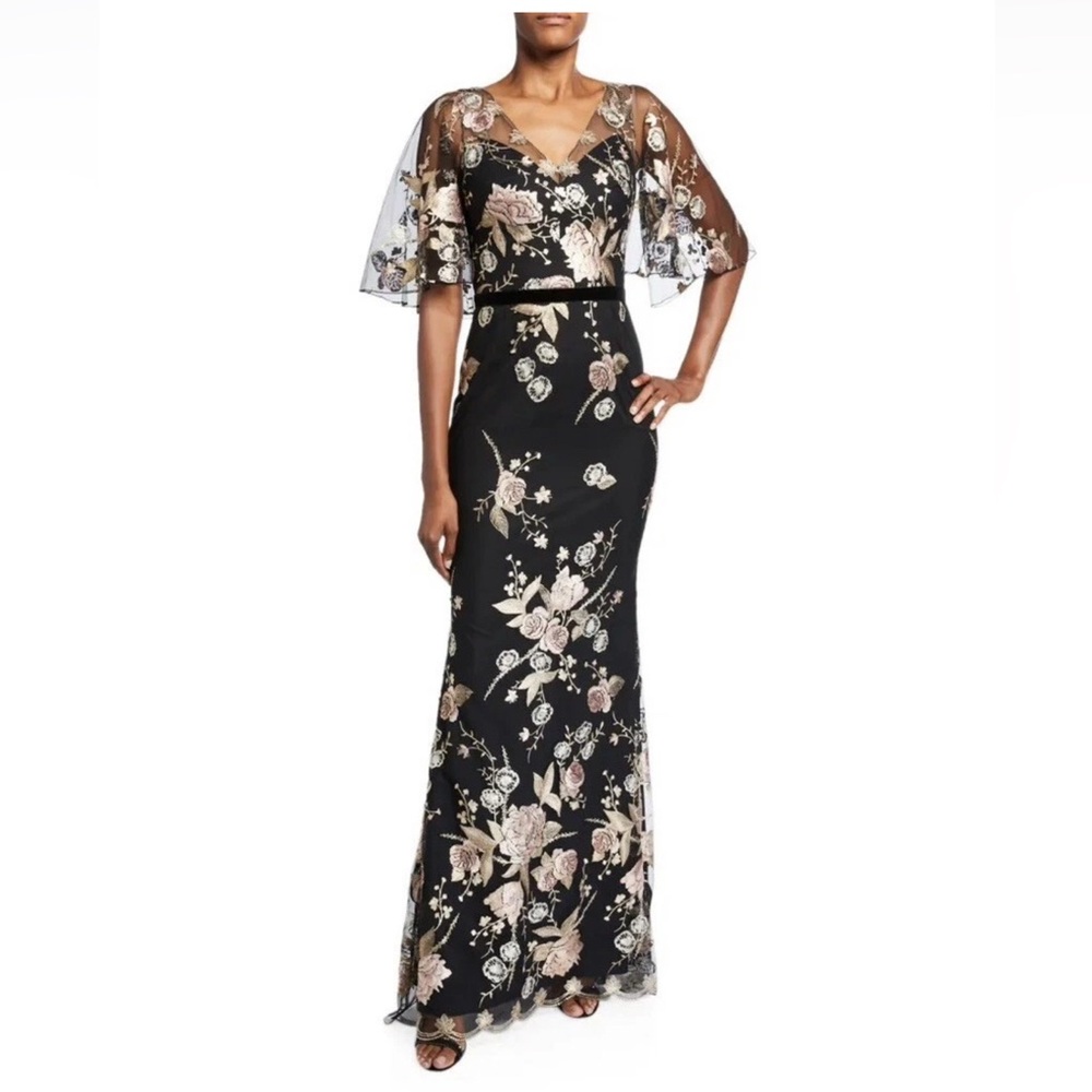Marchesa Notte Floral Embroidered V-Neck Cape Flutter Sleeve Gown Size 4